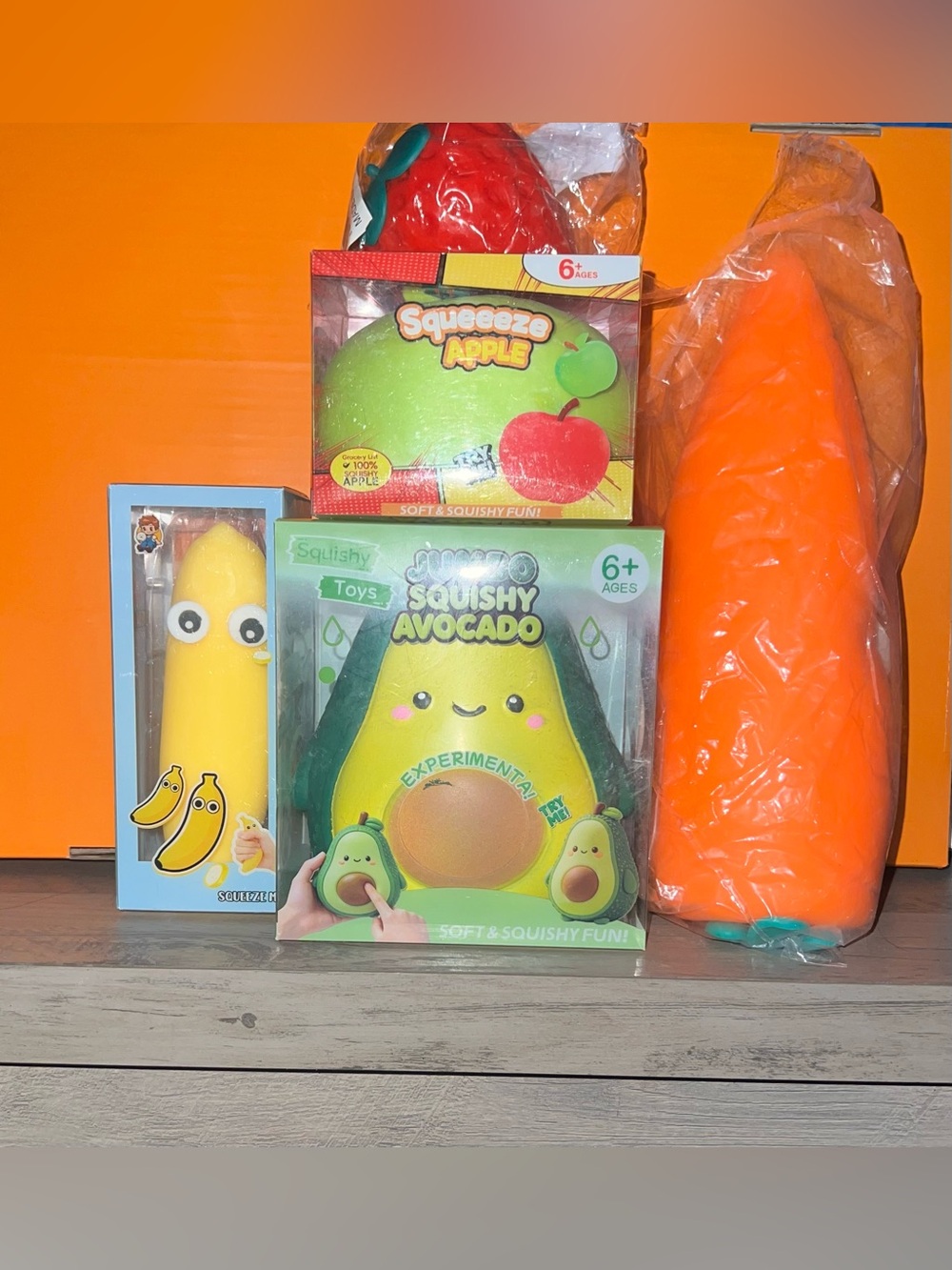 New 3 Jumbo Squishy Toys - Avocado, Apple, Carrot, medium banana/strawberry
